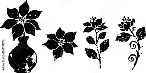 black silhouette floral elements with leaves and flowers in vase and stems designs