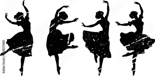 Four ballet dancers silhouettes in graceful poses with flowing skirts and raised arms