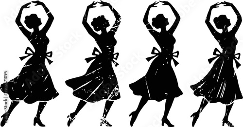 Silhouettes of dancing women in dresses with raised arms, vintage graceful movement illustration