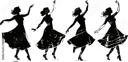 Silhouettes of dancing women in flowing skirts, graceful movement and joyful expressions