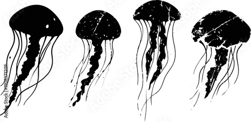 four black jellyfish silhouettes with trailing tentacles on white background, underwater marine life design