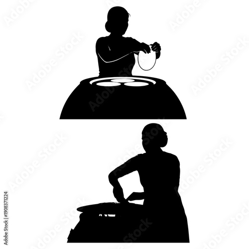 Indian Woman Cooking Roti on Tandoor Silhouette - Vector Traditional South Asian Kitchen and Baking Scene