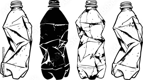 Crumpled plastic bottles set black and white illustration of empty, crushed pet containers