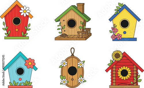Vector Illustration Set of Colorful Decorative Wooden Birdhouses with Flowers and Green Leaves Isolated on White Background for Garden Decor and Nature Design Concepts