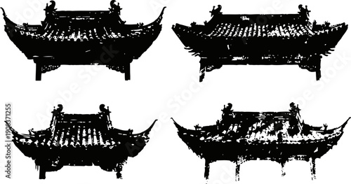Silhouettes of traditional asian pagoda rooftops with curved eaves and ornamental details