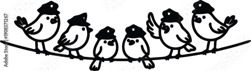 Five cartoon birds in berets sitting on a wire  smiling and waving  illustration
