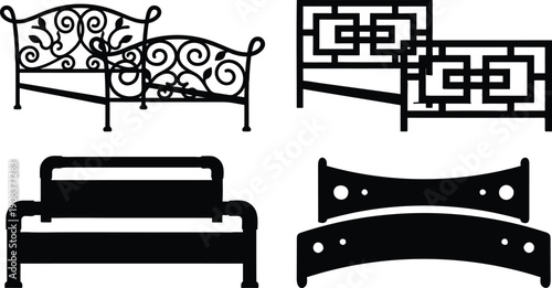 Four different types of beds with unique headboard designs  metal and wooden frames
