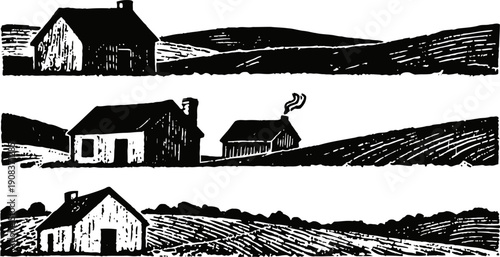 Black and white rural countryside woodcut illustration with houses and rolling hills in vintage