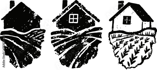 Three black and white stylized farmhouses with fields in a rustic hand drawn style, agriculture symbols