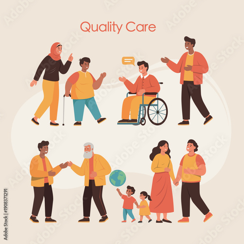 Inclusive flat vector illustration showing diverse people of different ages, body type