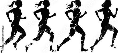 four female runners silhouette in motion, jogging and sprinting, fitness and exercise concept