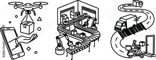 Logistics and delivery process with drone smartphone robotic arm warehouse conveyor belt truck and motor scooter delivering packages