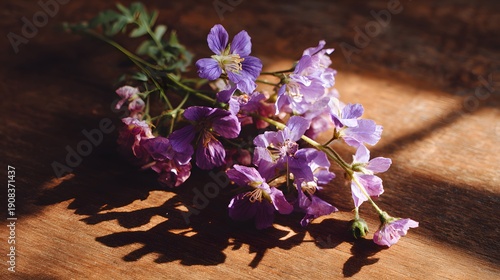 Delicate Purple Wildflowers on a Sunlit Wooden Surface.