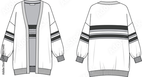 Women oversized knitted cardigan sweater technical fashion flat illustration front and back view with striped sleeves vector design