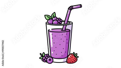Purple Smoothie with Straw and Berries.