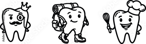Three cartoon teeth characters with different personalities and professions  smiling and playful illustrations