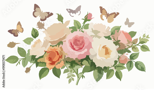 Vintage rose bouquet with butterflies elegant floral vector isolated