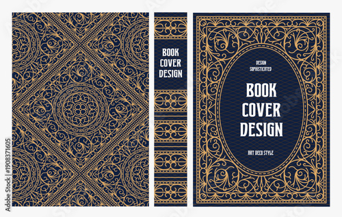 Classic vintage book cover and spine design with Art Deco, Baroque, Art Nouveau and Victorian ornaments. Elegant decorative frame, luxurious retro style for publications, posters and artistic layouts
