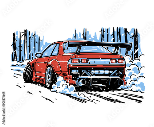Extreme JDM Sports Car Drift Graphic. Vintage Snow Rally Vector Illustration for T-shirt Print, Retro 90s Japanese Racing Concept Art.