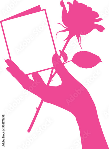 Pink silhouette of woman's hand holding a rose and blank greeting card
