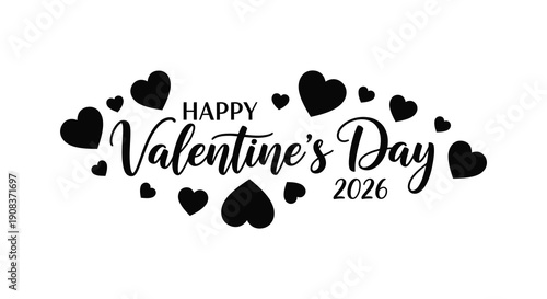 A black and white illustration displays the text happy valentine s day 2026 surrounded by scattered heart shapes