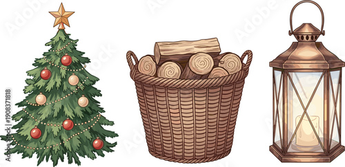 Vector Illustration Set of Christmas Decor Featuring a Decorated Pine Tree a Wicker Basket Filled with Firewood and a Vintage Lantern Isolated on White