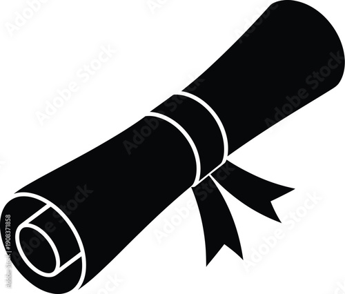 Illustration of a rolled document tied with ribbon, symbolizing completion and achievement, viewed from a tilted perspective, in a simple style, representing education and certification.