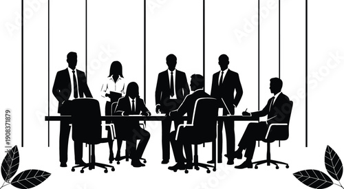 Professional business team meeting silhouettes in a conference room setting for corporate office workplace and collaborative partnership designs