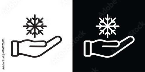 Hand holding a snowflake icon. Vector graphic representing air conditioning, freezing temperature, winter season, and cooling services in a minimalist style.