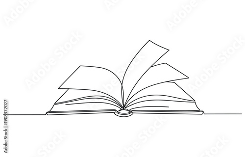 Continuous one line drawing open book with flying pages. Vector illustration education supplies