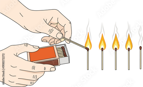 Vector Illustration of Burning Match Sticks Showing Different Stages of Ignition and Flame Including Unlit and Burnt Matches Isolated on Plain White Background
