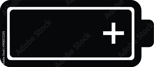 A high-contrast black battery icon with white outline and plus sign on a simple background viewed from the front