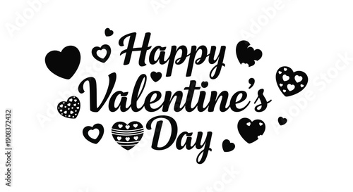 A decorative illustration displays the text happy valentine s day surrounded by various heart shapes and dots high quality