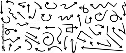 Arrows cursors linear brushes of different shapes free hand drawn, Doodle arrows direction scrapbook stickers for notes.