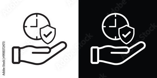 Icon featuring a hand holding a clock and a shield with a checkmark. Represents on-time delivery, time security, warranty, or reliable scheduling services. Vector graphics.