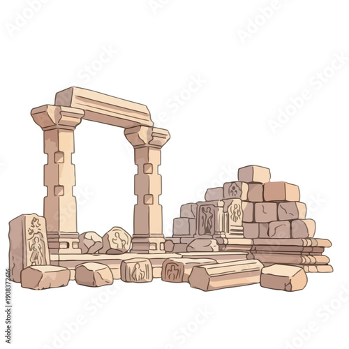 Ancient Ruins Illustration Featuring Stone Archway and Carvings, Isolated on Black Background, File Reference 3