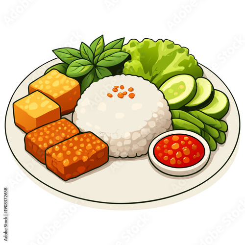 A plate of food including rice, tofu, vegetables, and sauce on a table.