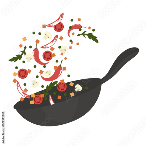 Vibrant vegetables and herbs being tossed in a pan, illustration of cooking ingredients in mid-air, viewed from the side, related to file 45