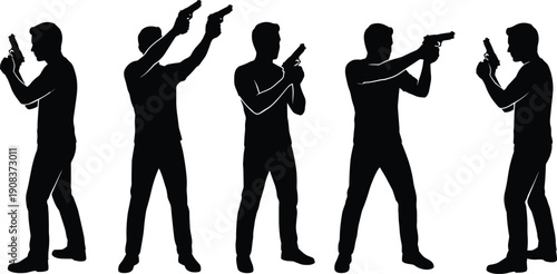 Armed men silhouette collection showing multiple shooting stances with pistols isolated on white background security and tactical concept vector illustration