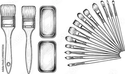 Vintage Hand Drawn Art Supply Vector Set Featuring Professional Paint Brushes Watercolor Pans and Artist Tools for Creative Studio Branding Fine Art and Education
