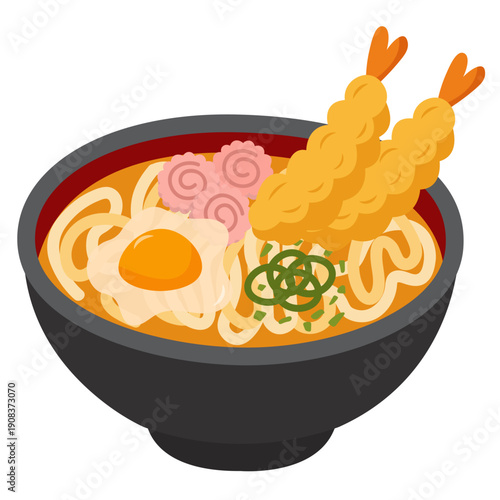 A bowl of ramen with shrimp tempura and egg on a table 51