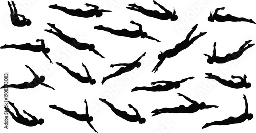 Set of swimmer silhouettes in various swimming strokes and diving poses isolated on white background for aquatic sports design