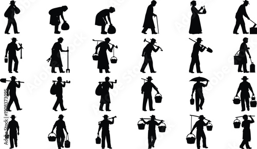 Black vector silhouettes of twenty-four historical manual workers and peasants carrying tools and baskets for heritage design