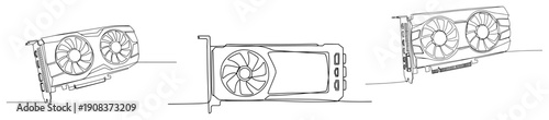 Minimalist continuous one line drawing of a computer graphics card gpu with dual cooling fans
