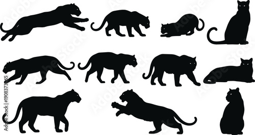 Collection of black panther and leopard silhouettes in various poses including jumping walking and sitting for wild animal designs