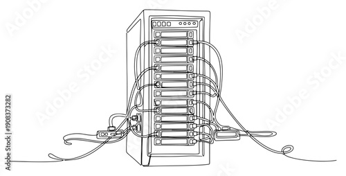 Minimalist continuous line drawing of a server rack cabinet with network cables in a data center