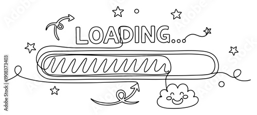 Continuous one line drawing of a progress loading bar with playful stars and a cute smiling cloud