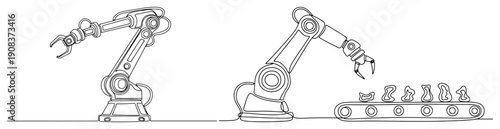 Continuous one line drawing of industrial robotic arms working on a factory conveyor belt production line