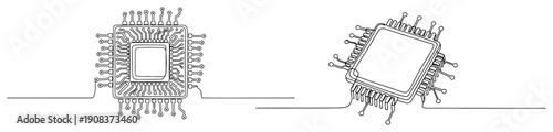 Minimalist continuous one line drawing of a computer cpu processor and microchip for technology concept