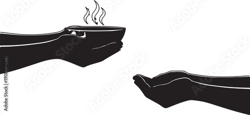 A hand holding a lit match approaches another hand across a gap.